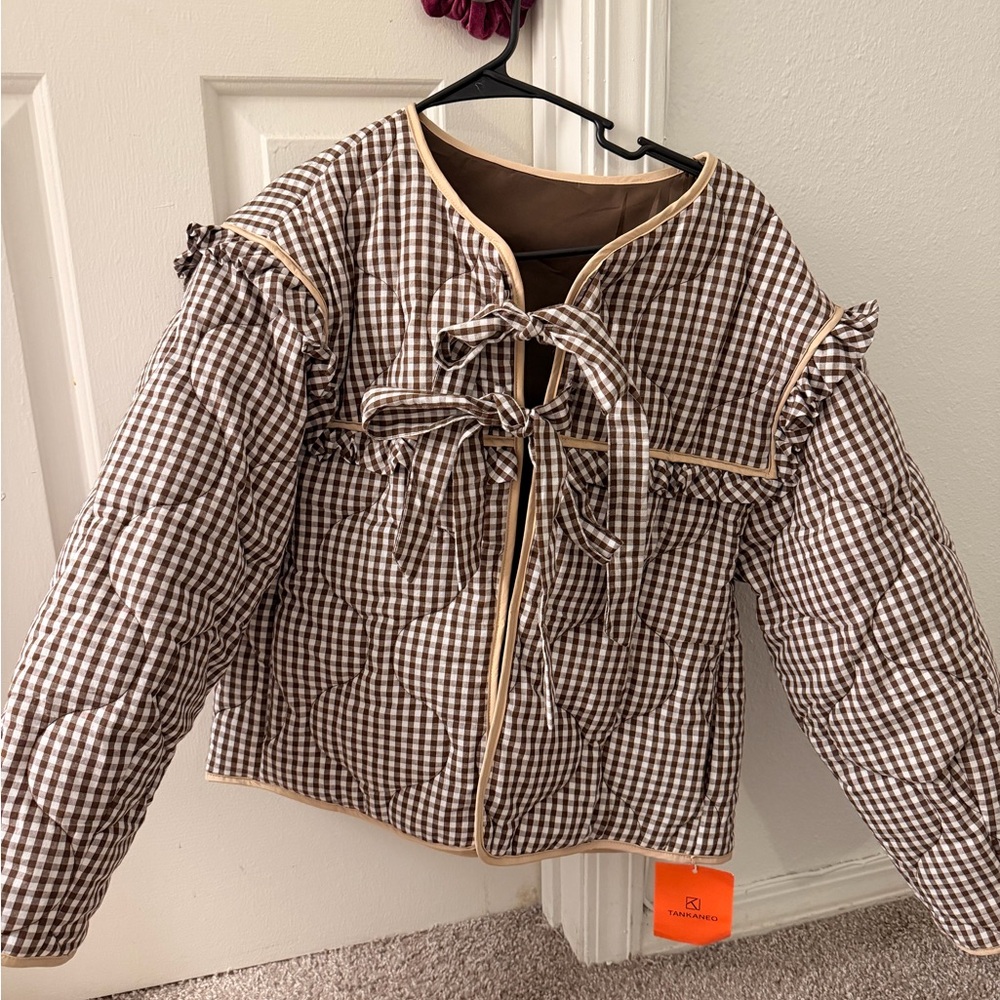 Brown Checkered Quilted Jacket with Ruffle Details